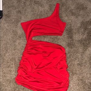 Red one shoulder cut our dress